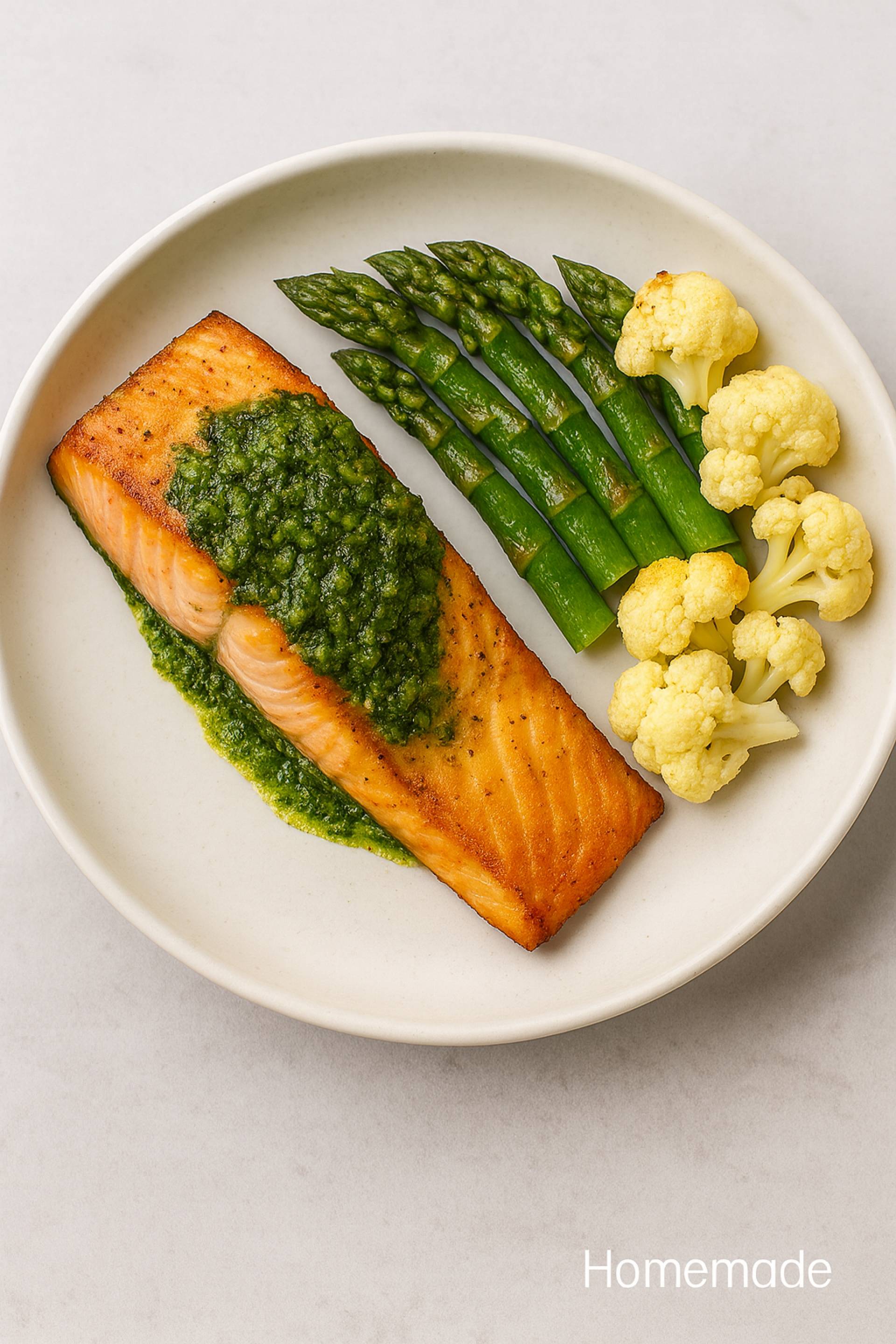 Salmon al pesto de albahaca con esparragos y colifror rostizado