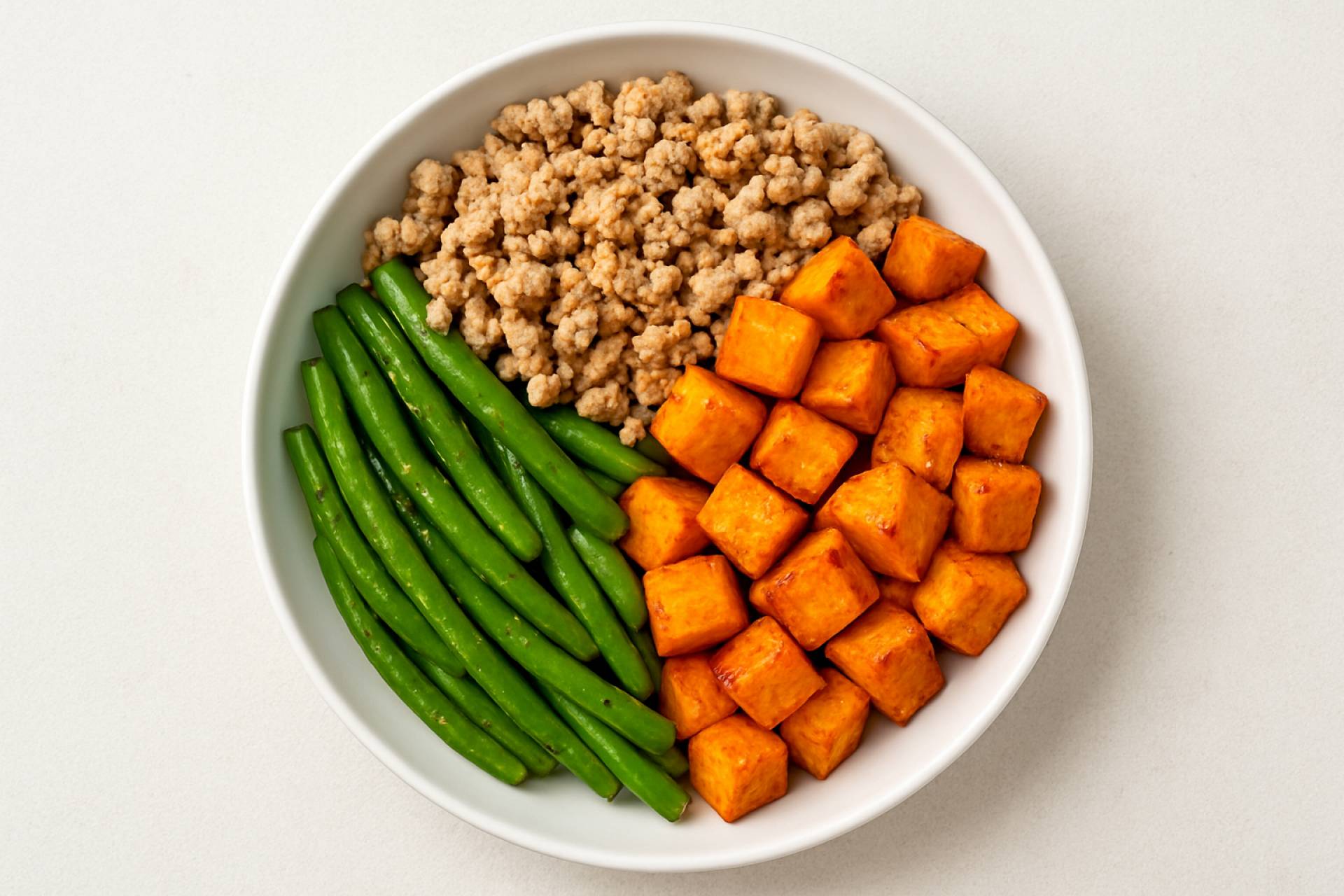 Bowl de carne molida de pavo batata asada y habichuelas verde